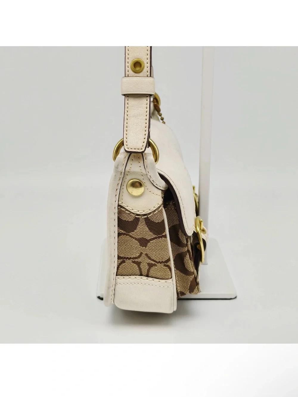 Coach Signature Mini Crossbody Bag Brown Canvas White Leather Flap Buckle Y2K